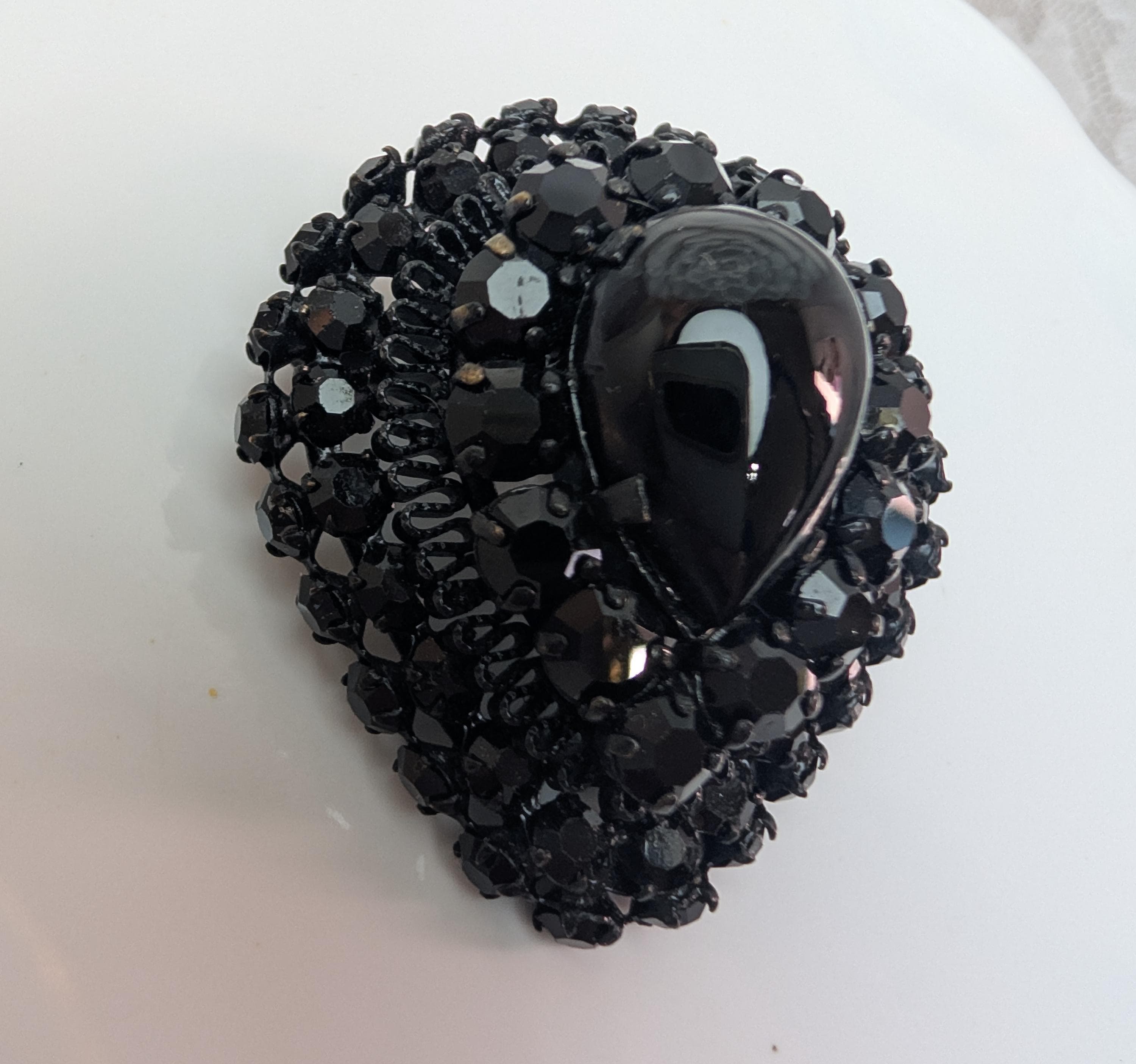 Signed Austria Black Jet Rhinestone Brooch Pendant, Gothic Mourning Jewelry, Japanned Pear Cabochon Pin - Thumbnail 5