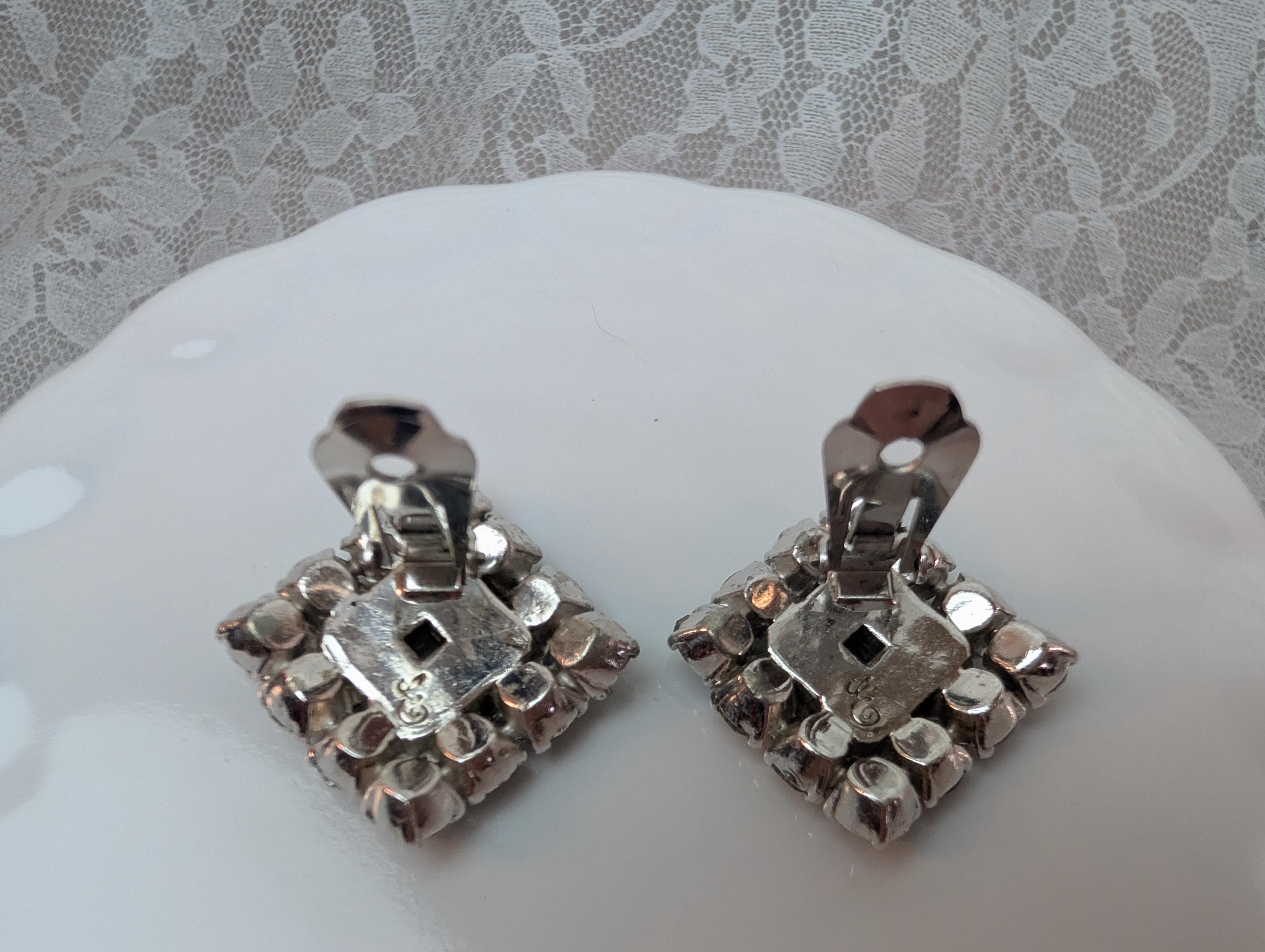 Signed Eisenberg Script E Vintage Rhinestone Earrings, Square Cluster Bridal Glam - Thumbnail 3