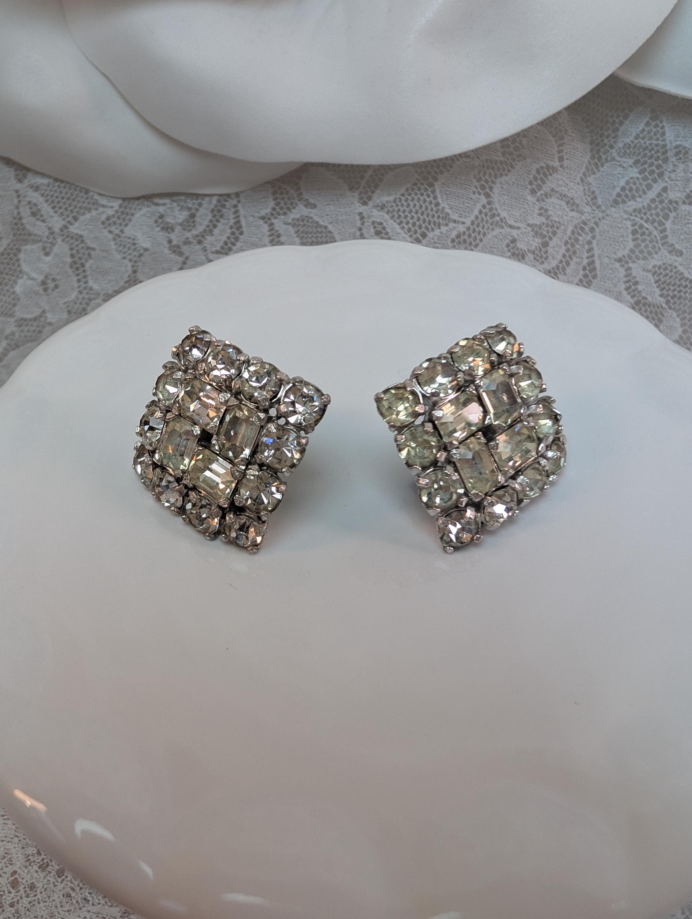 Signed Eisenberg Script E Vintage Rhinestone Earrings, Square Cluster Bridal Glam - Thumbnail 2
