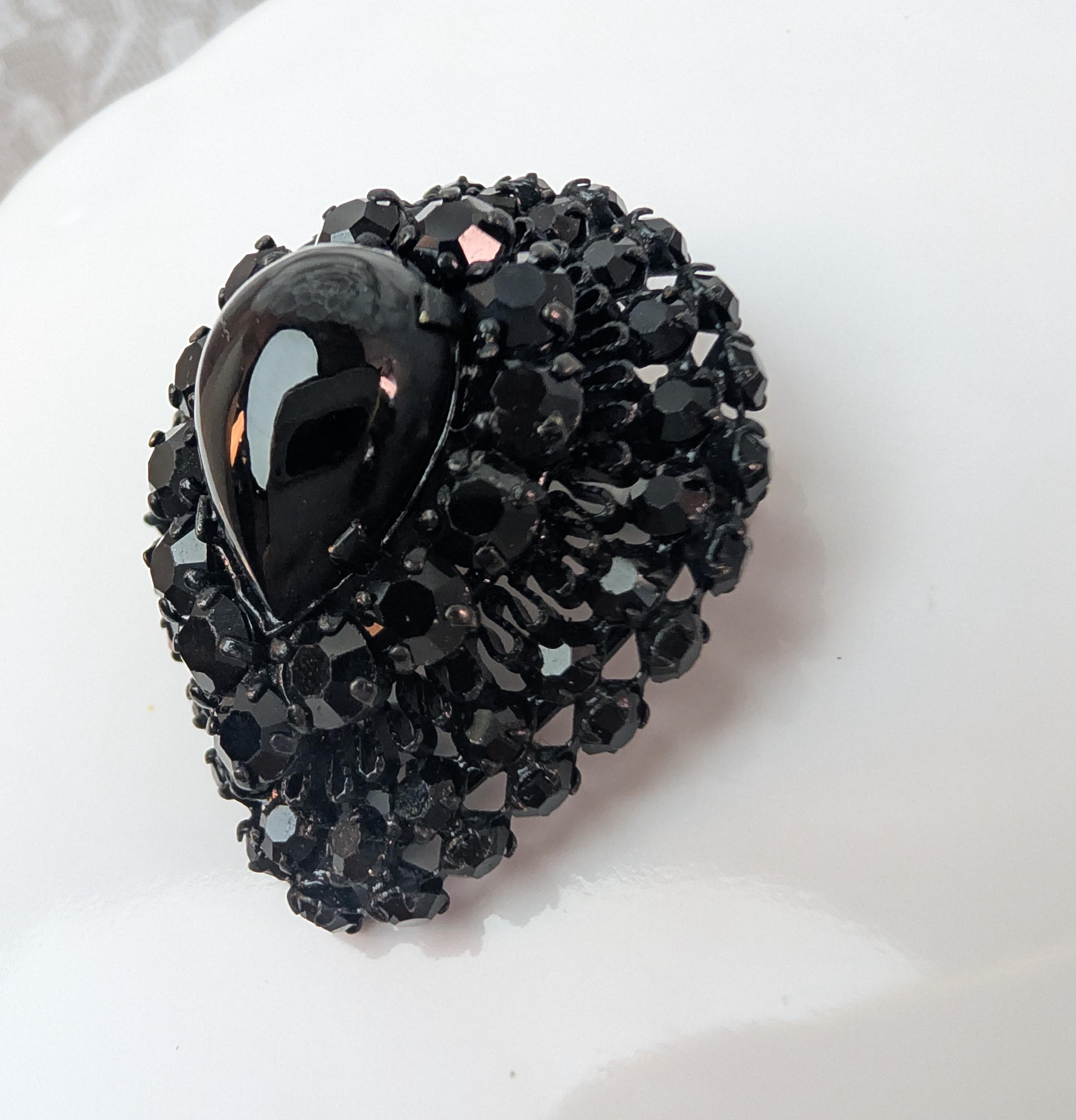 Signed Austria Black Jet Rhinestone Brooch Pendant, Gothic Mourning Jewelry, Japanned Pear Cabochon Pin - Thumbnail 4