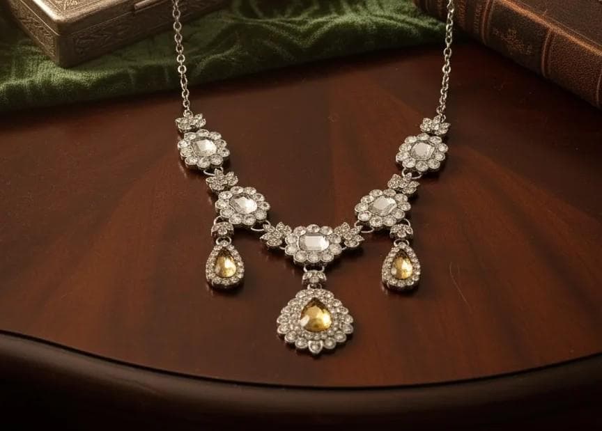 Vintage Silver Tone Crystal Rhinestone Teardrop Necklace | Bridal Bohemian Wedding Jewelry