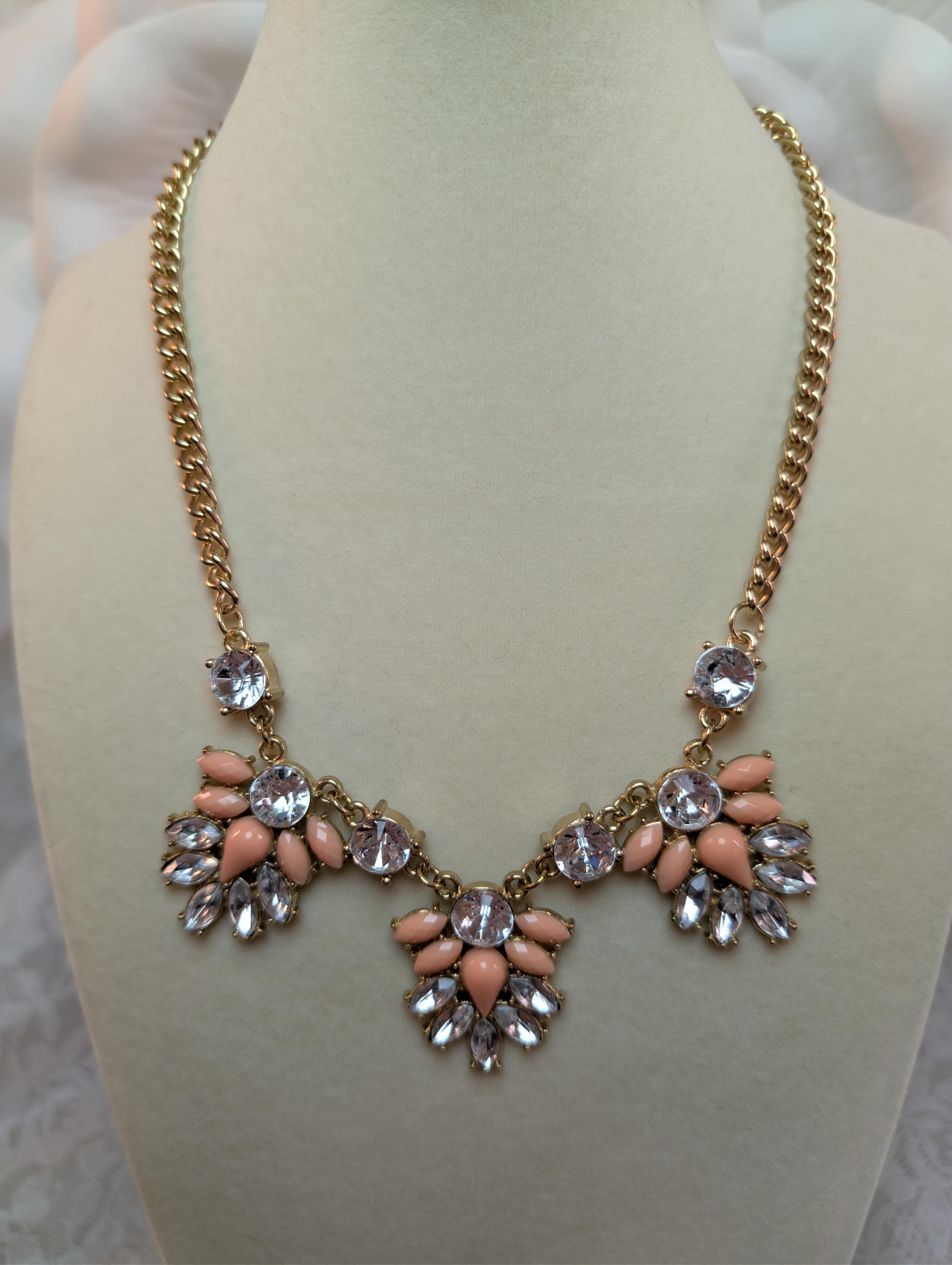 Vintage Peach Blush Crystal Statement Necklace, Gold Curb Chain, Fan Cluster Rhinestone Bib