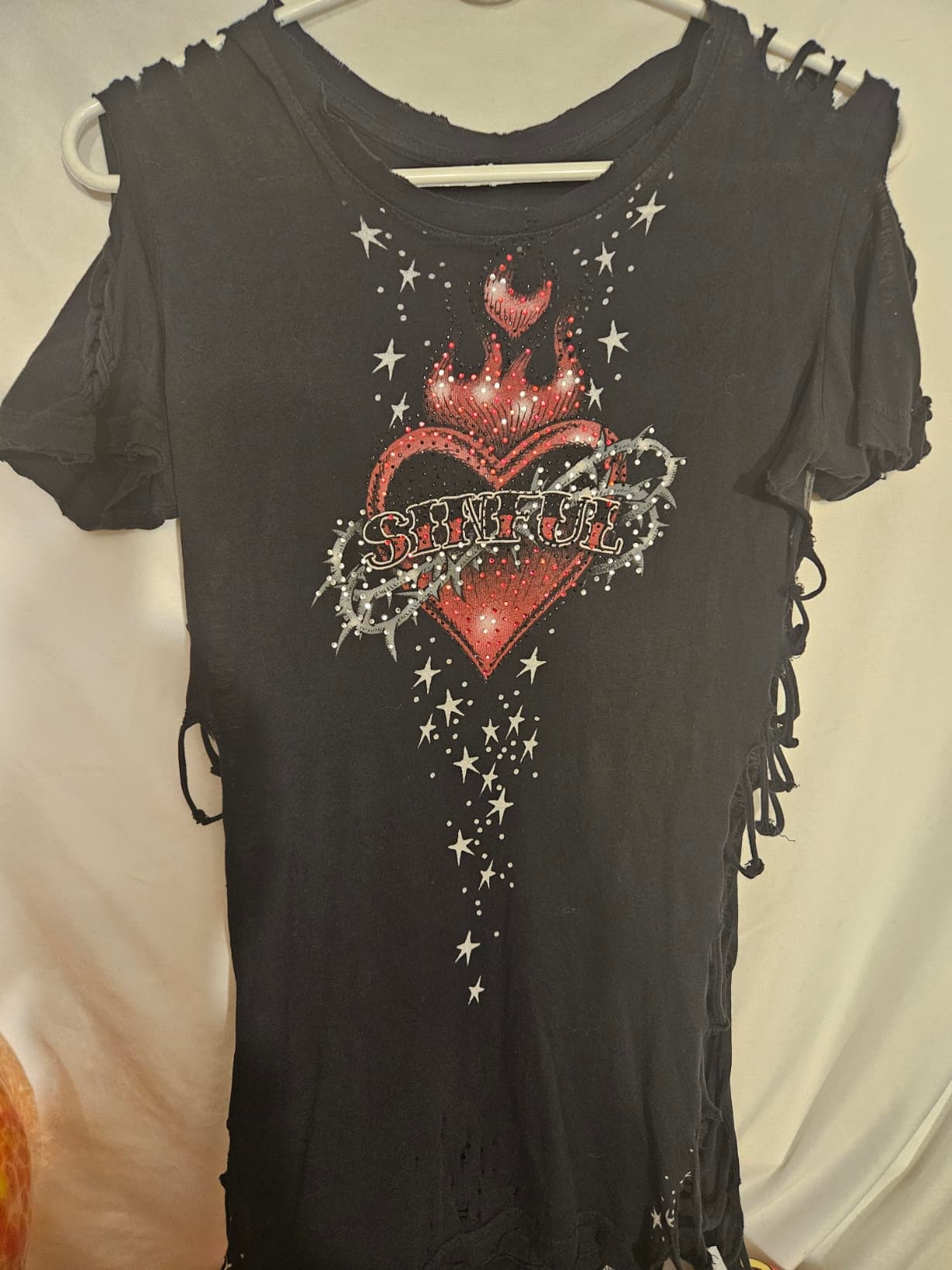 Sinful Black Distressed Graphic Tee with Heart Design - Image 1