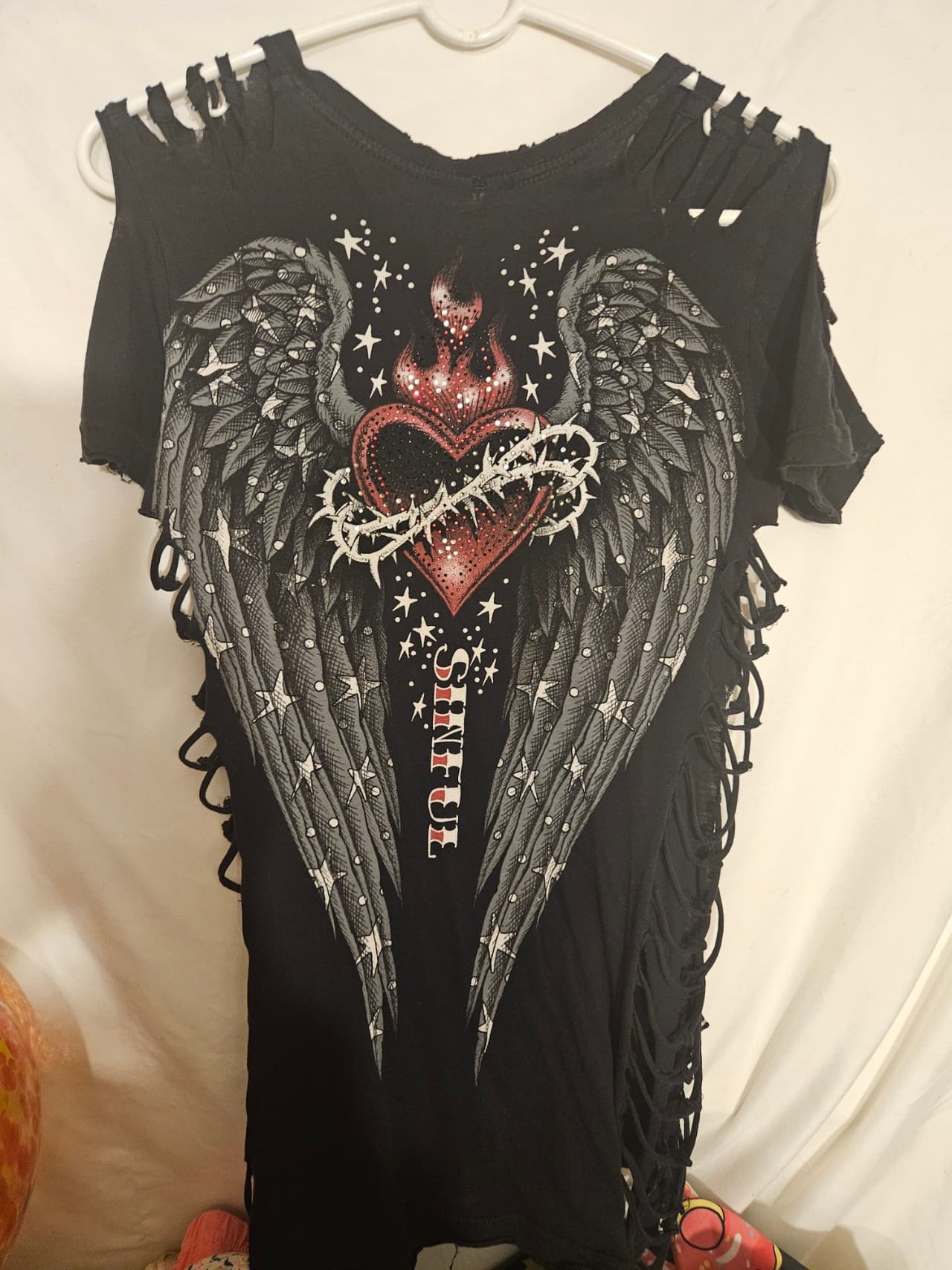 Sinful Black Distressed Graphic Tee with Heart Design - Thumbnail 2