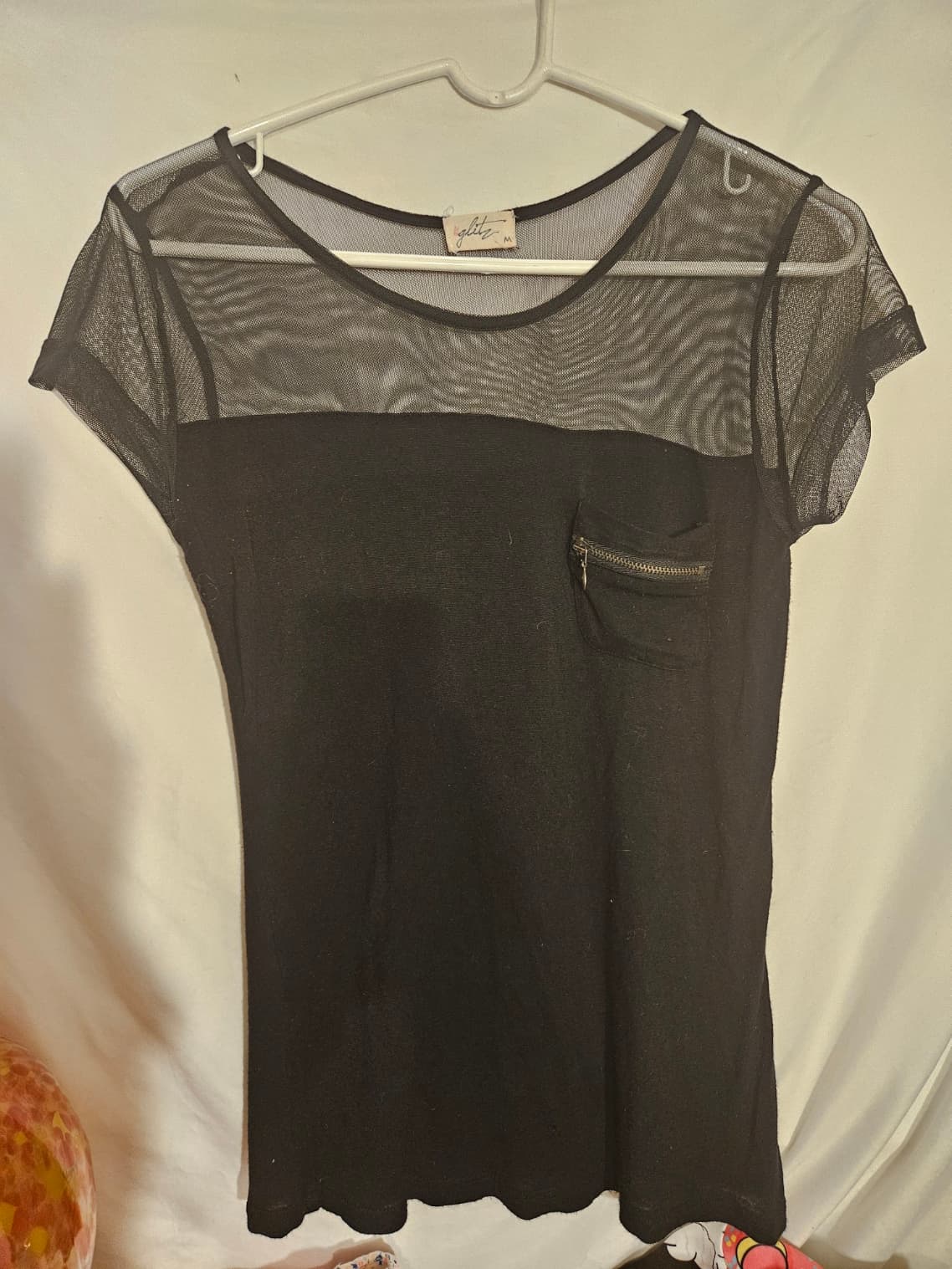 Glitz Black Mesh Top with Pocket Detail Size M - Image 1
