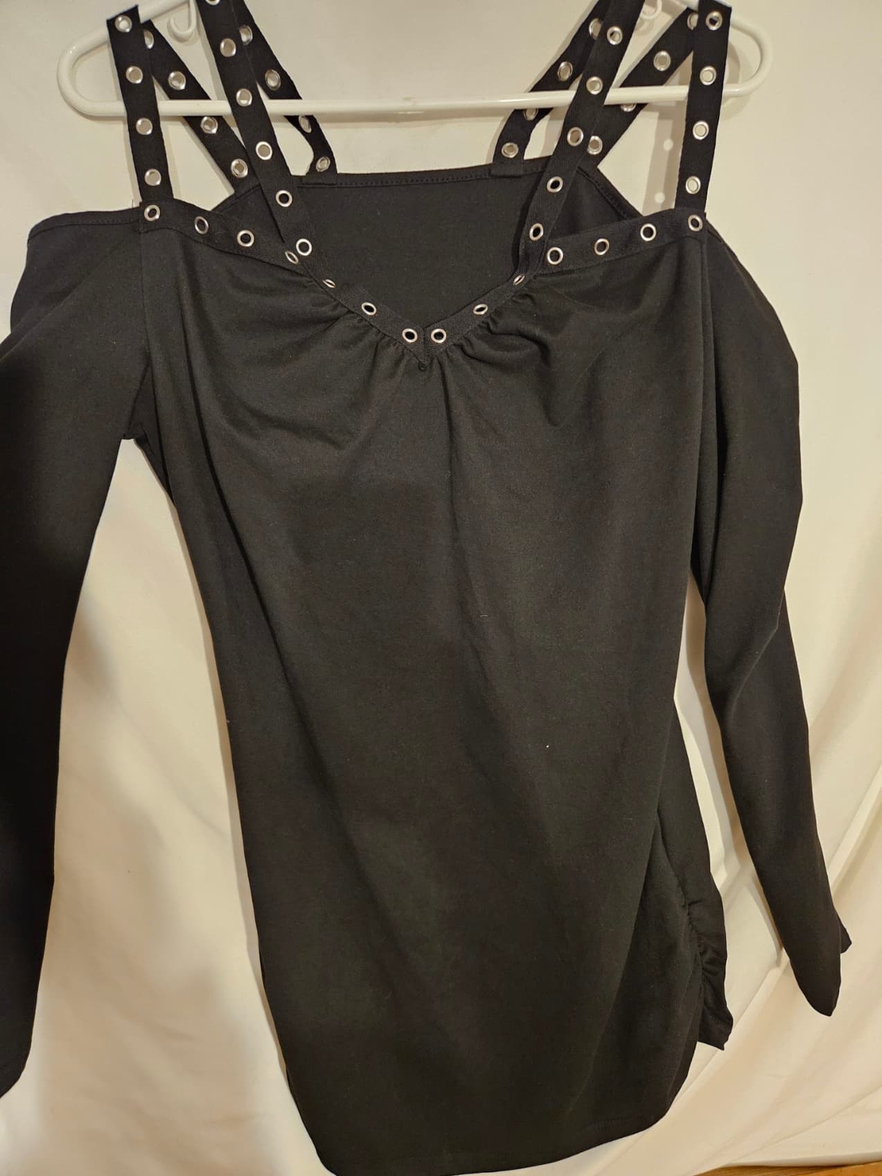 Black Long Sleeve Dress with Grommet Strap Detail - Thumbnail 2