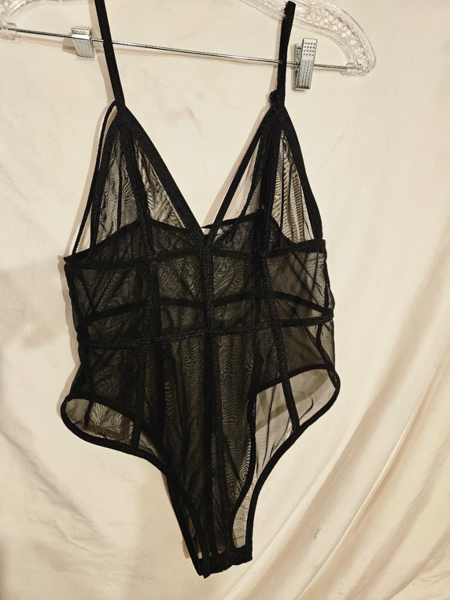 Sheer Black Mesh Bodysuit with Strappy Design - Image 1