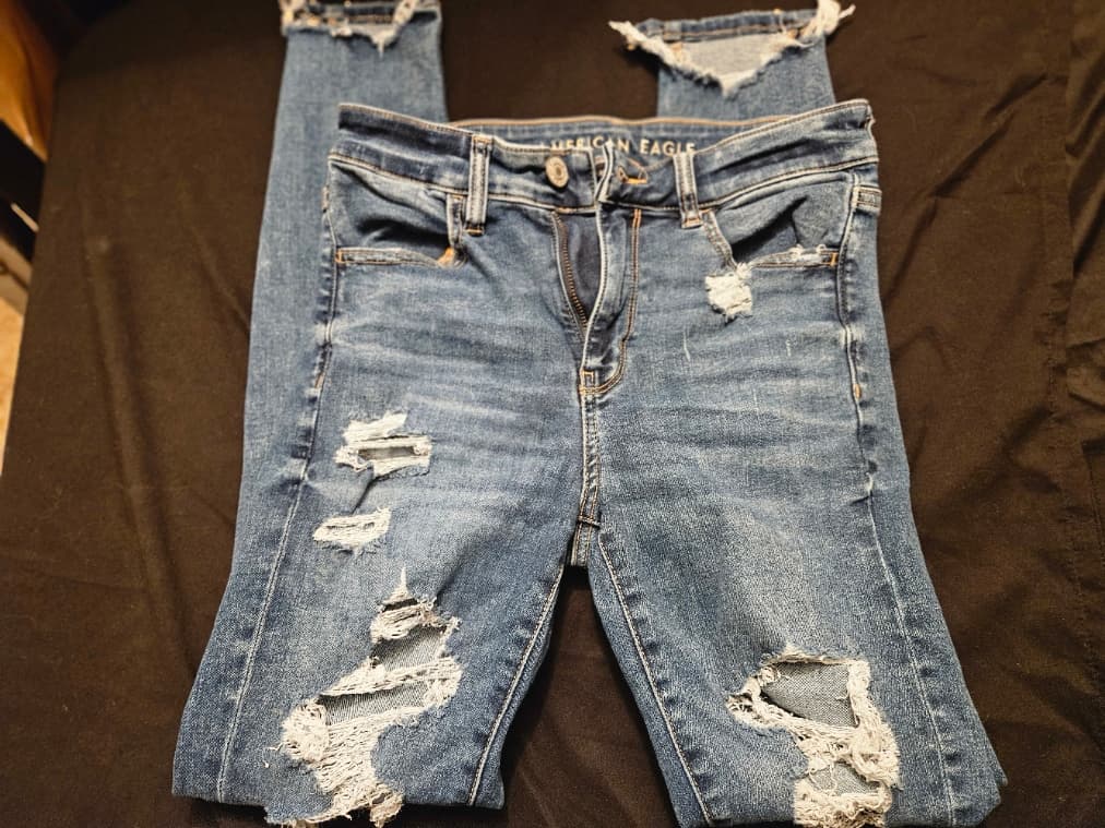 Distressed Blue Denim Jeans with Frayed Hems - Thumbnail 2