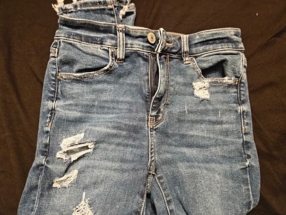 Distressed Blue Denim Jeans with Frayed Hems - Thumbnail 5