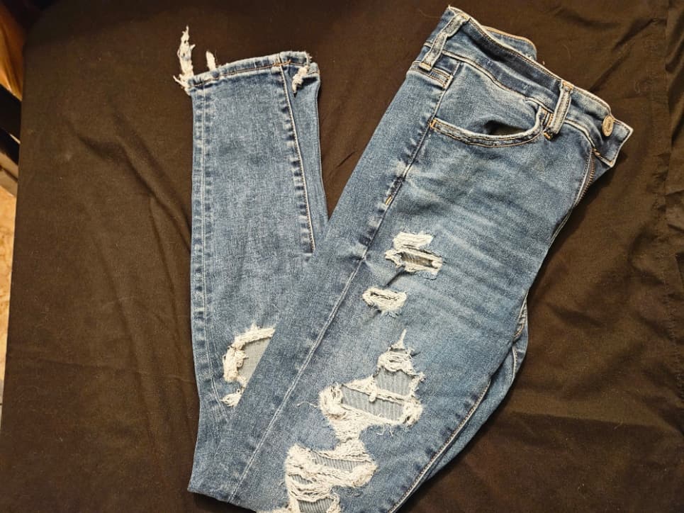 Distressed Blue Denim Jeans with Frayed Hems - Thumbnail 6