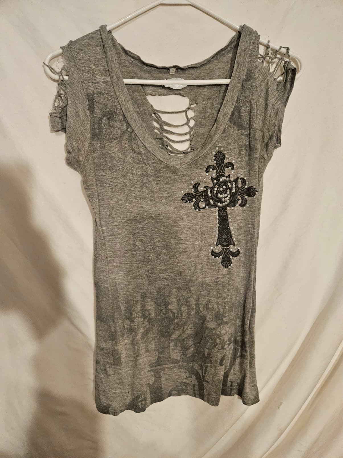 Distressed Gray Top with Beaded Cross Design - Image 1