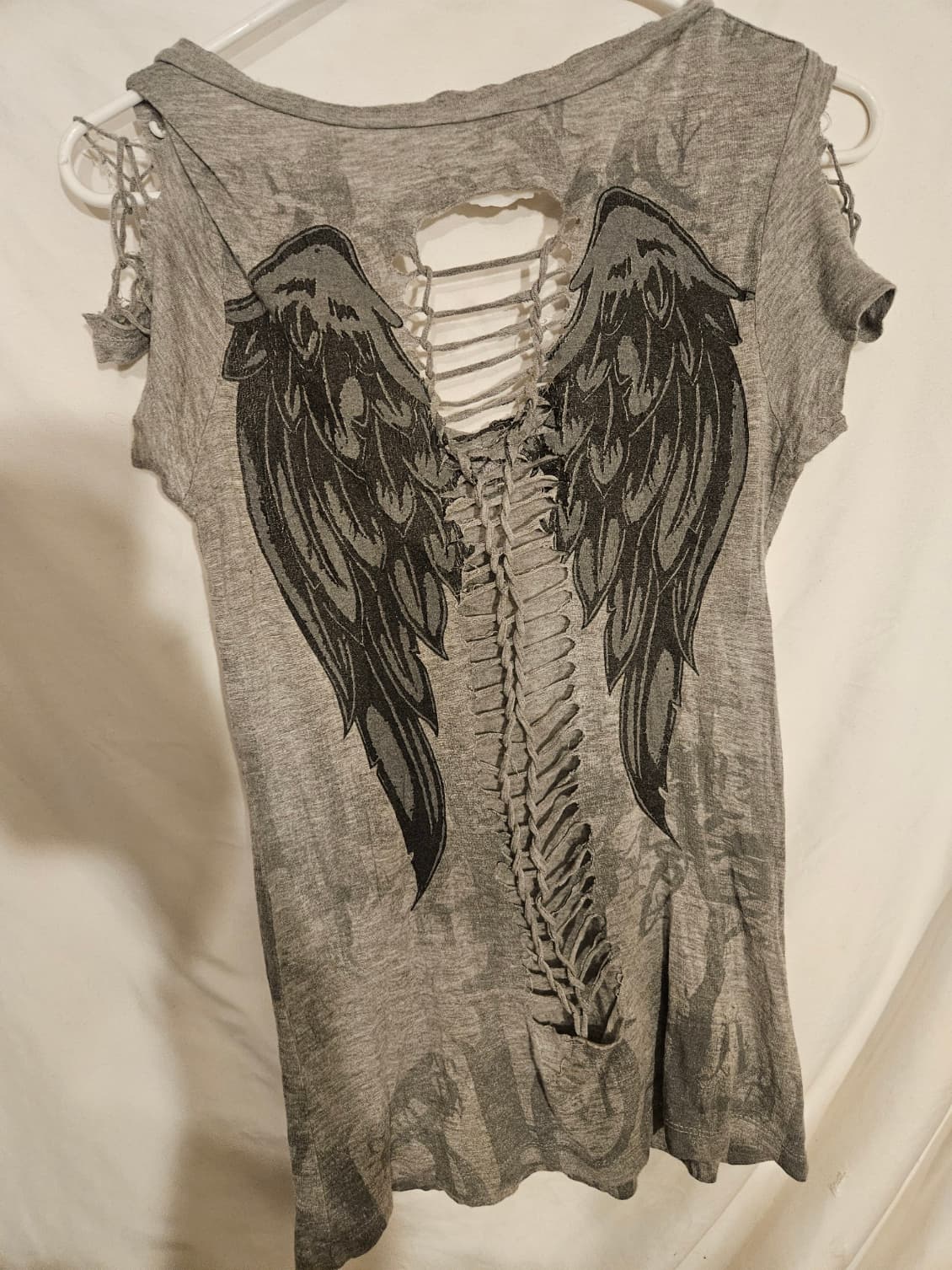 Distressed Gray Top with Beaded Cross Design - Thumbnail 2