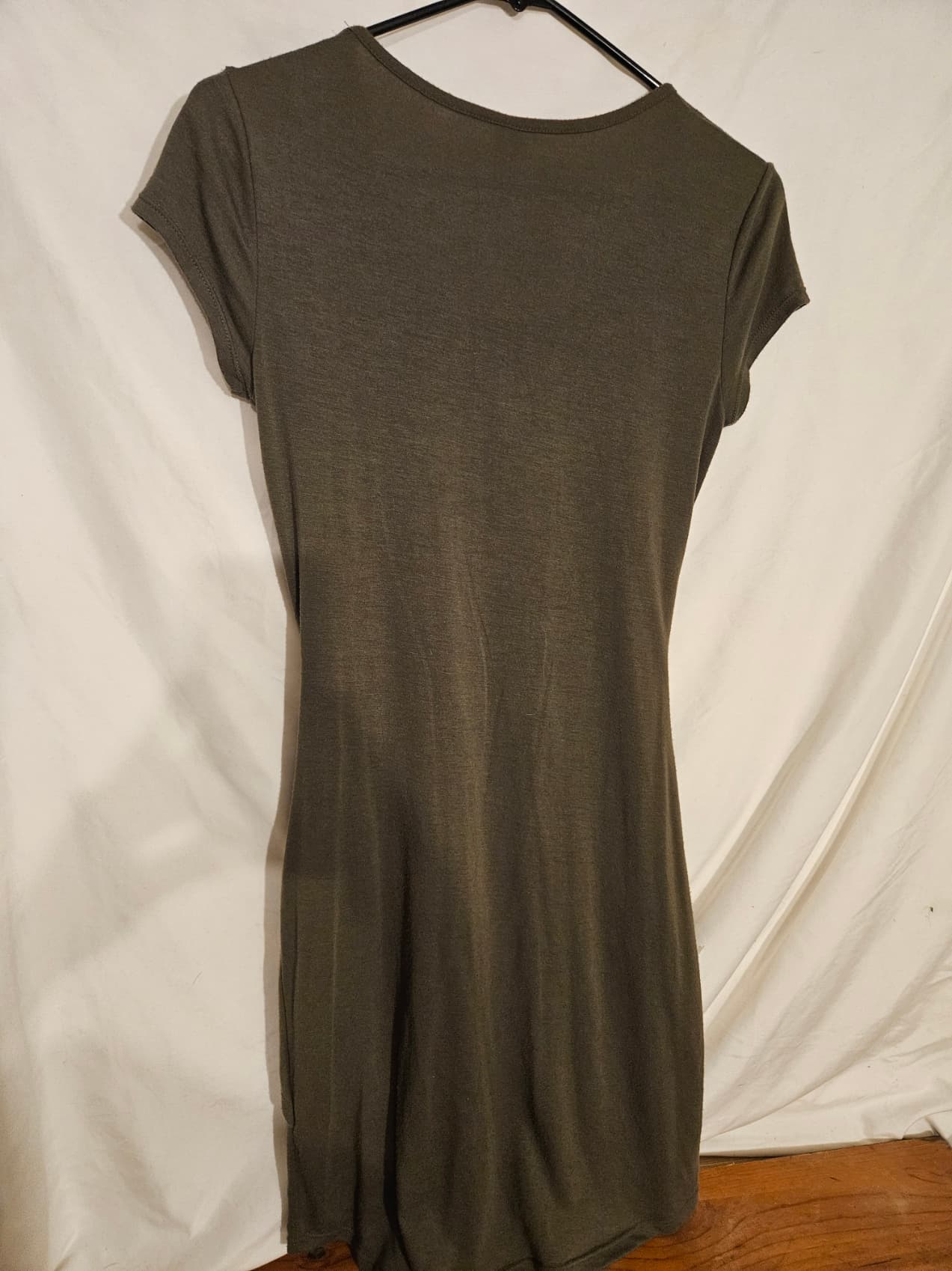 Olive Green Short Sleeve Dress with Knot Detail - Thumbnail 3