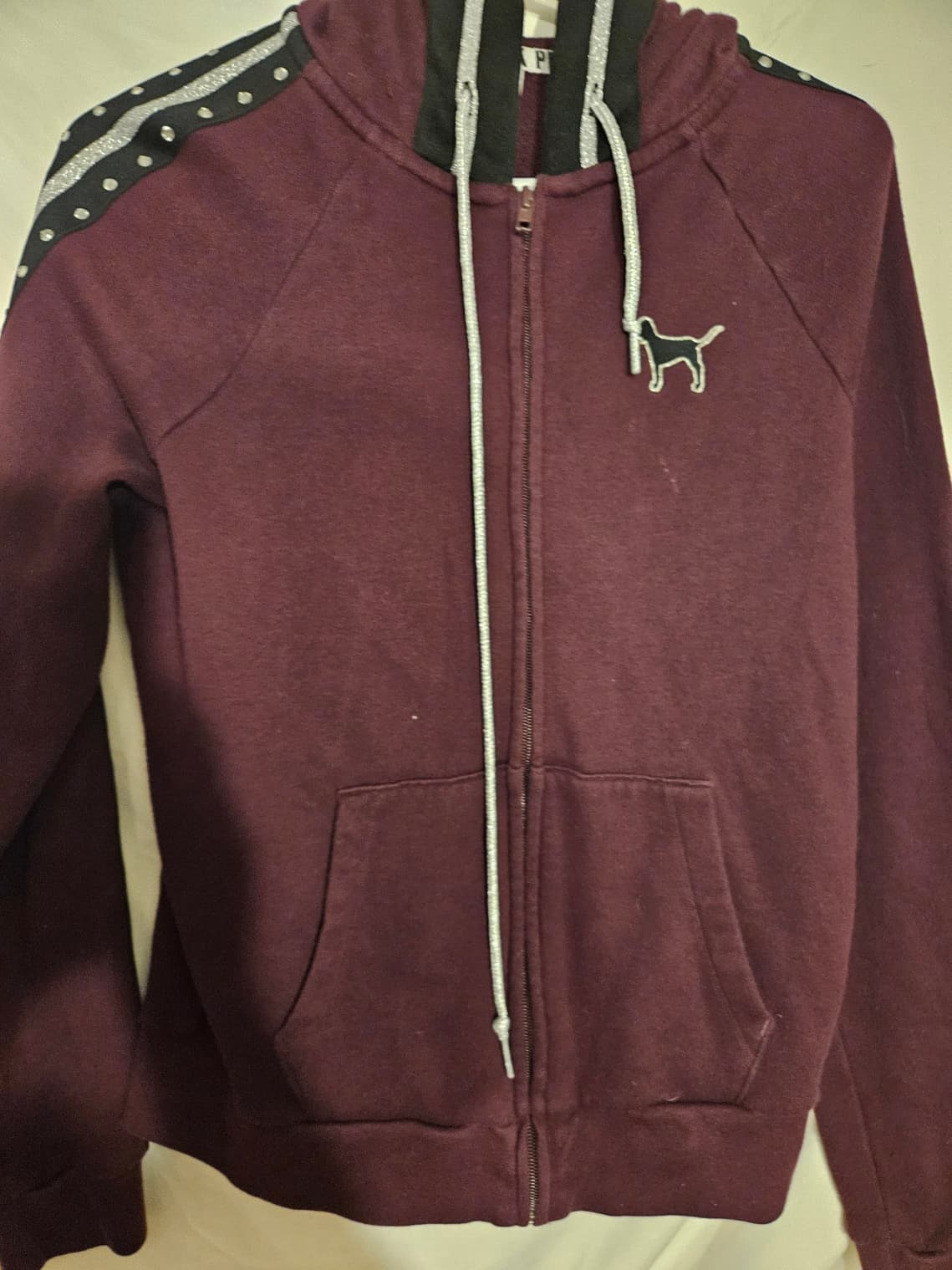 Pink Victoria's Secret Maroon Zip-Up Hoodie with Dog Logo - Image 1
