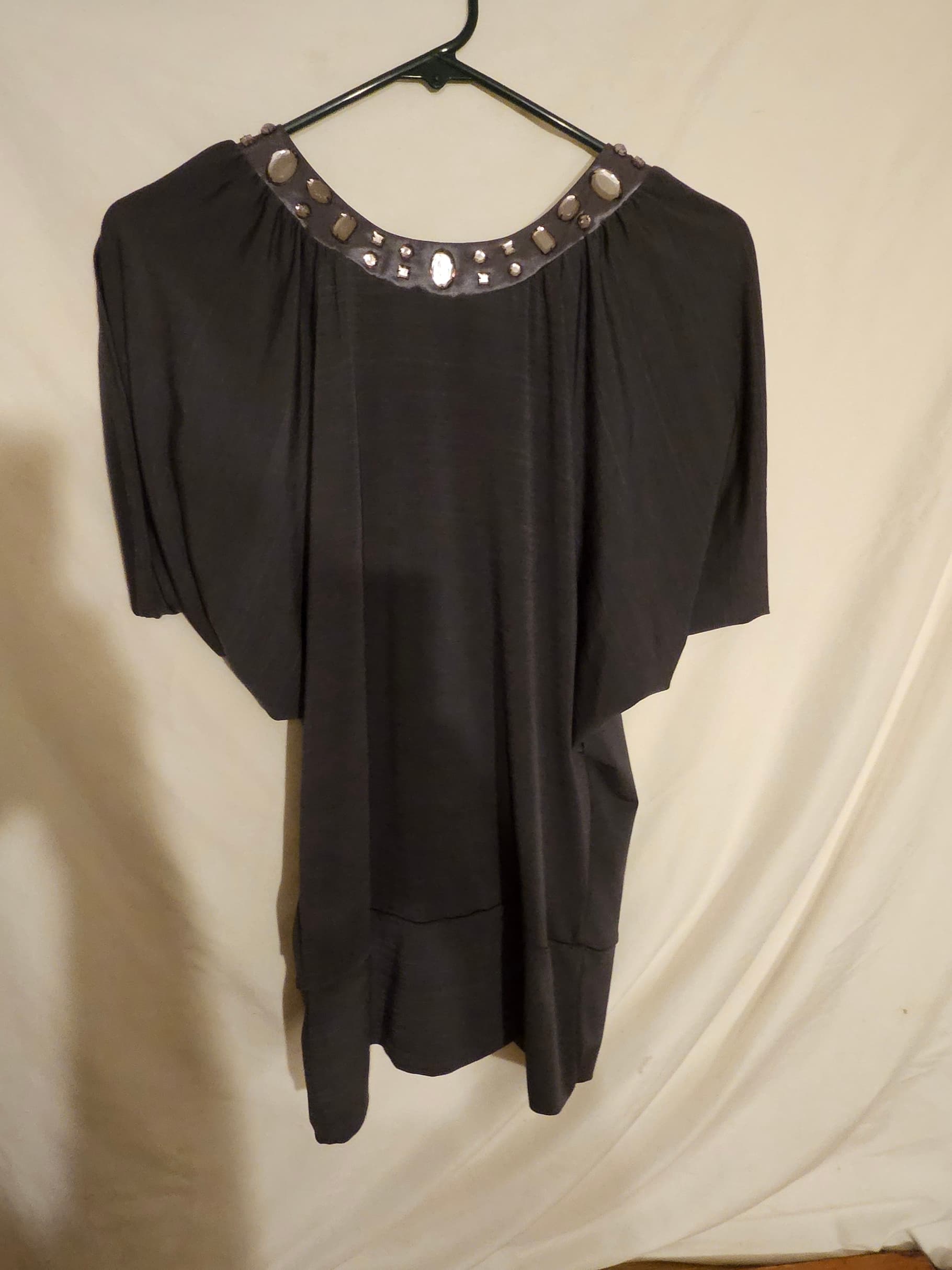 Embellished Dark Gray Tunic Top with Beaded Neckline - Image 1
