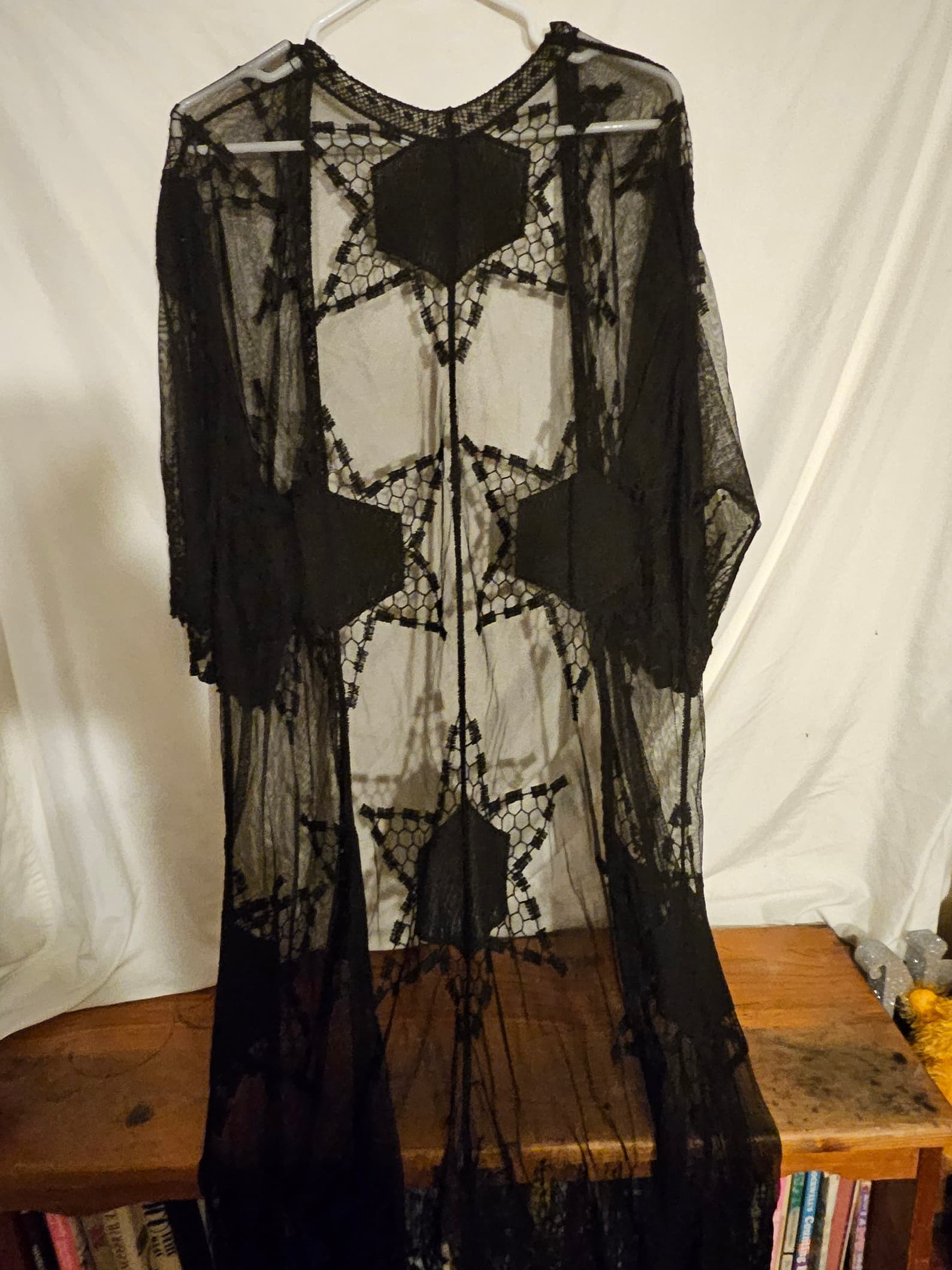 Black Sheer Lace Kimono with Star Pattern - Thumbnail 2