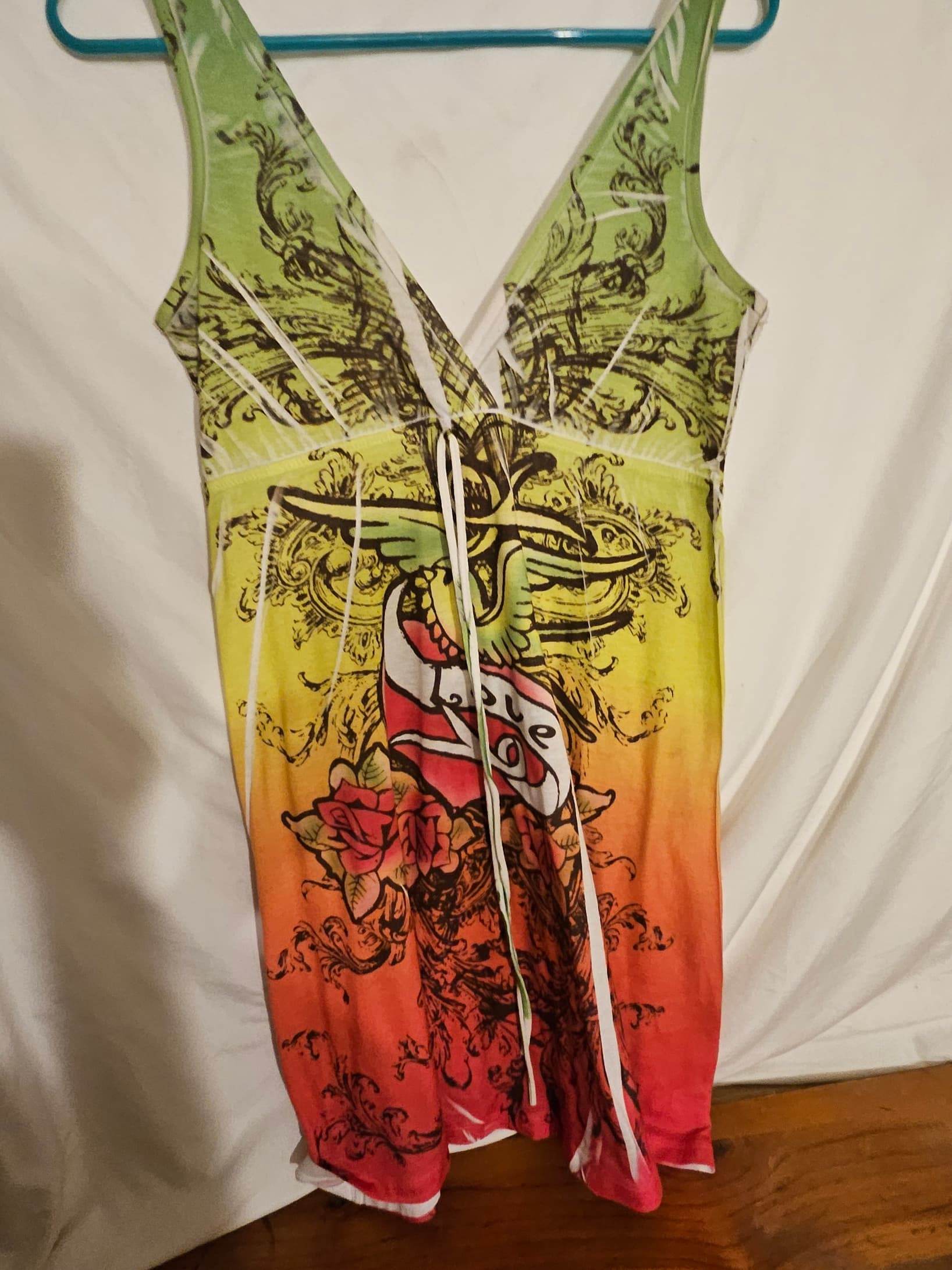 Colorful Graphic Sleeveless Dress with Heart and Roses - Thumbnail 2
