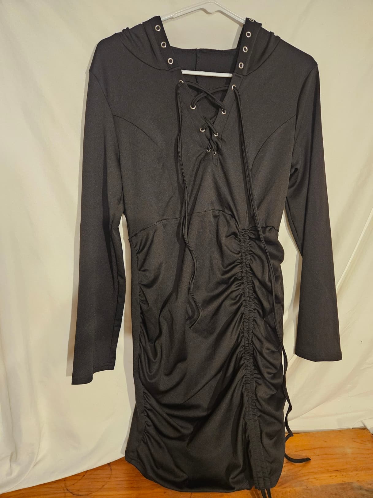 Black Lace-Up Ruched Long Sleeve Dress - Image 1