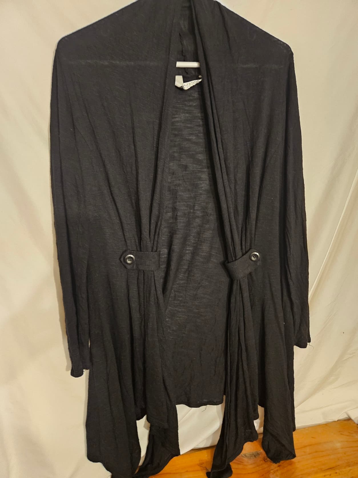 Black Long Open Cardigan with Button Details - Image 1