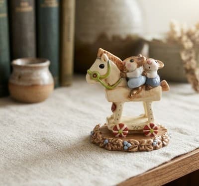 Annette Petersen Handmade Clay Mouse Figurine Riding Rocking Horse 1981 - Thumbnail 3