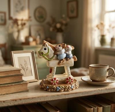 Annette Petersen Handmade Clay Mouse Figurine Riding Rocking Horse 1981 - Thumbnail 2