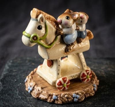 Annette Petersen Handmade Clay Mouse Figurine Riding Rocking Horse 1981 - Image 1