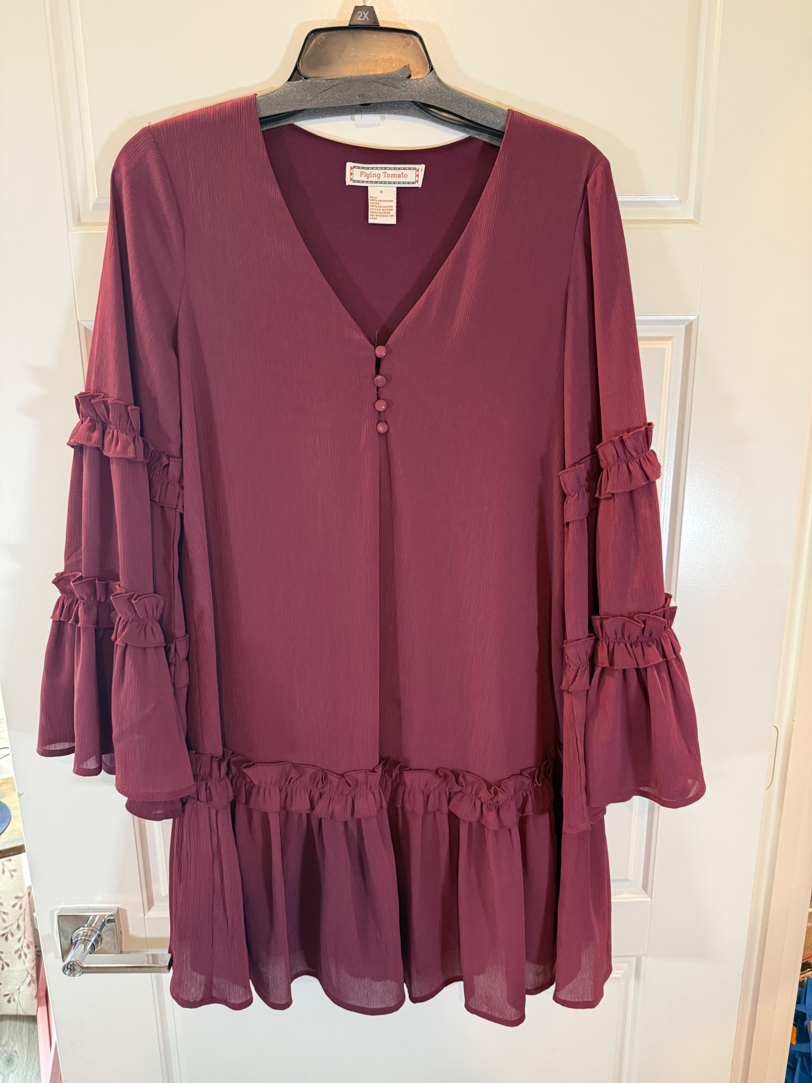 Flying Tomato Burgundy Ruffle Sleeve Dress Size S - Image 1