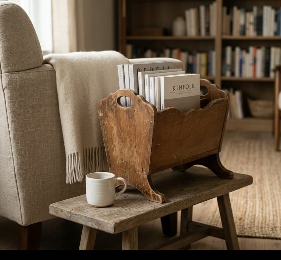 Vintage Wooden Magazine Rack with Handle - Thumbnail 4