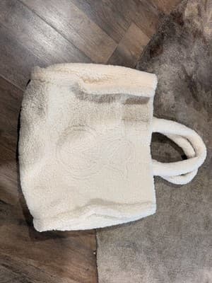 Victoria's Secret Ivory Faux Fur Tote Bag with Double Handles & Black Lining