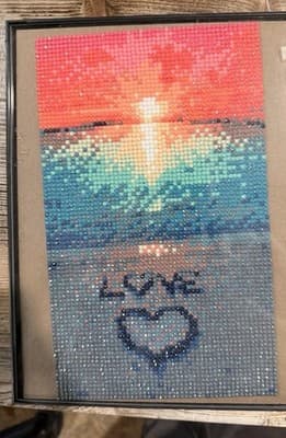 Handmade Handcrafted Framed Wall Hanging Sunset LOVE Heart Mosaic Art Decor