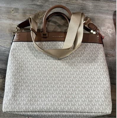 Michael Kors Beige & Brown Logo Tote with Gold Hardware & Detachable Strap - Thumbnail 2