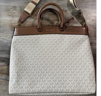 Michael Kors Beige & Brown Logo Tote with Gold Hardware & Detachable Strap - Thumbnail 3