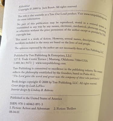 Killerblind Jack Bunds Trade PB Signed 2008 Tate Publishing Thriller - Thumbnail 3