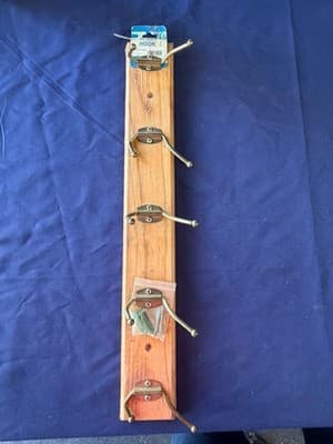 Saver Wood Wall Mounted Coat Rack Panel w/ 5 Tail Metal Hooks Brown/Gold #47 - Thumbnail 2