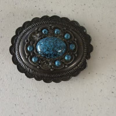 Western Cowboy Turquoise Metal Belt Buckle Silver Blue Ornate Vintage