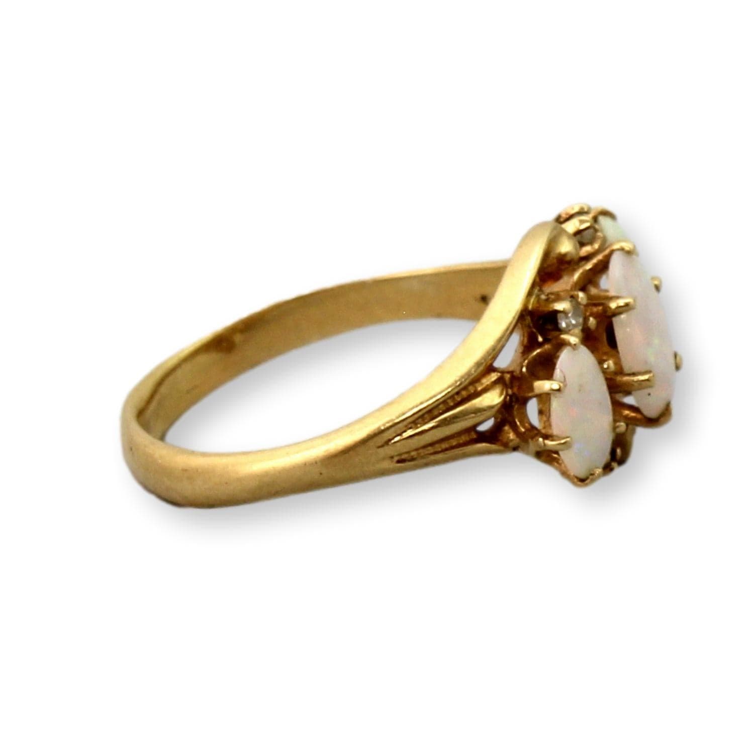 Vintage 14K Yellow Gold Natural Opal & Diamond Ring – Three Stone Opal Ring - Size 4.5 - Thumbnail 2