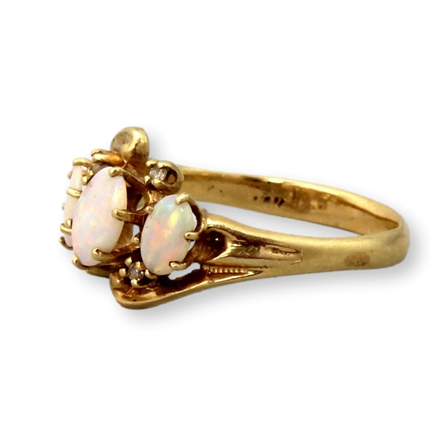 Vintage 14K Yellow Gold Natural Opal & Diamond Ring – Three Stone Opal Ring - Size 4.5 - Thumbnail 3