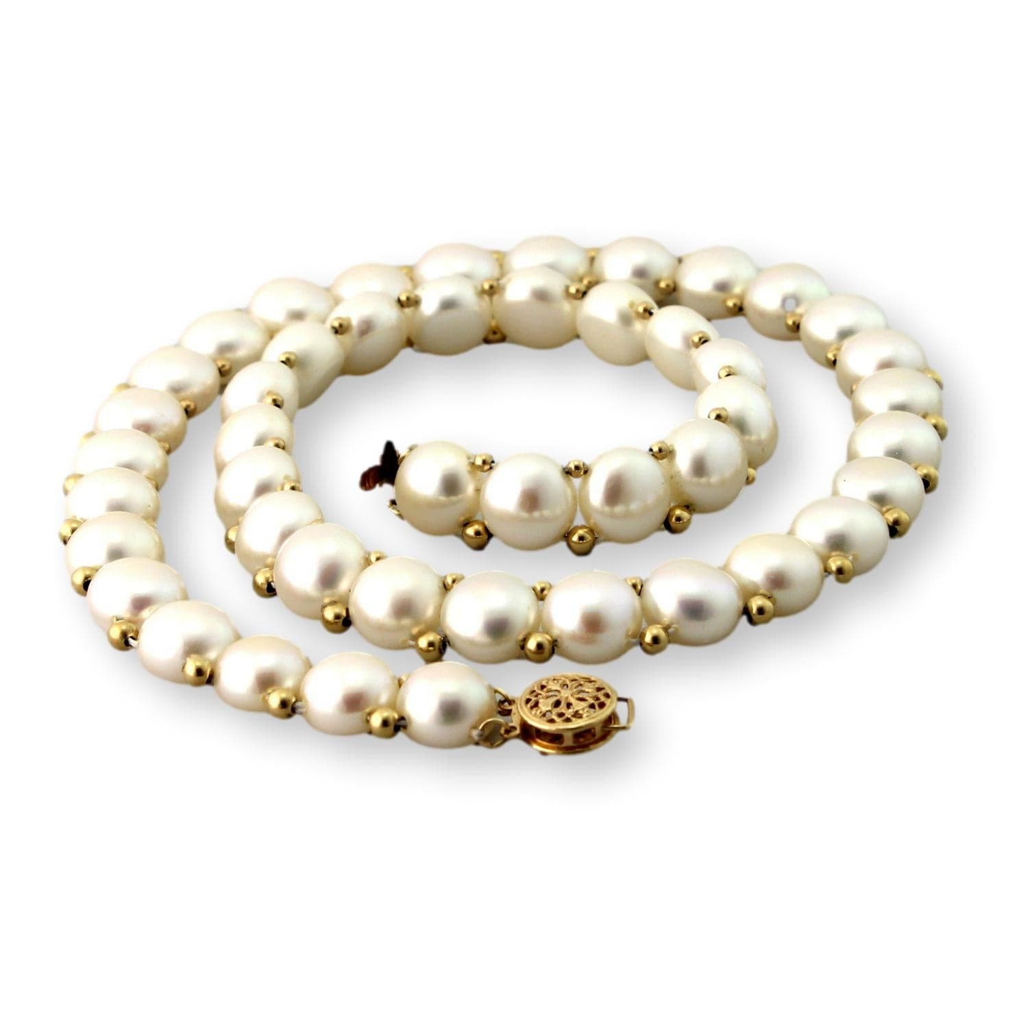 14K Yellow Gold Cultured Pearl Necklace – 9.5mm White Pearls with Gold Spacer Beads - 18 in - Thumbnail 3