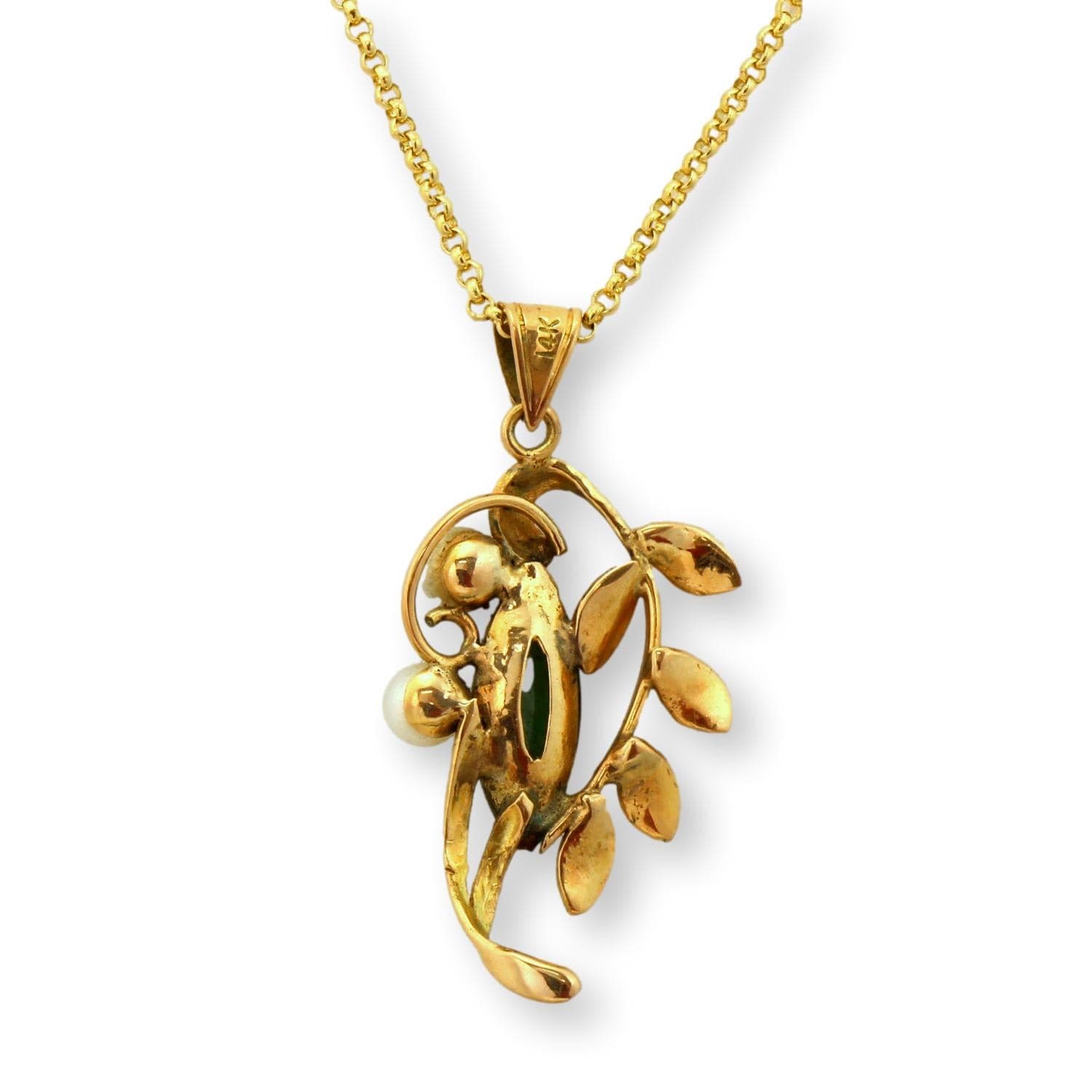 14K Gold Jade & Cultured Pearl Mid-Century Botanical Pendant - Thumbnail 2