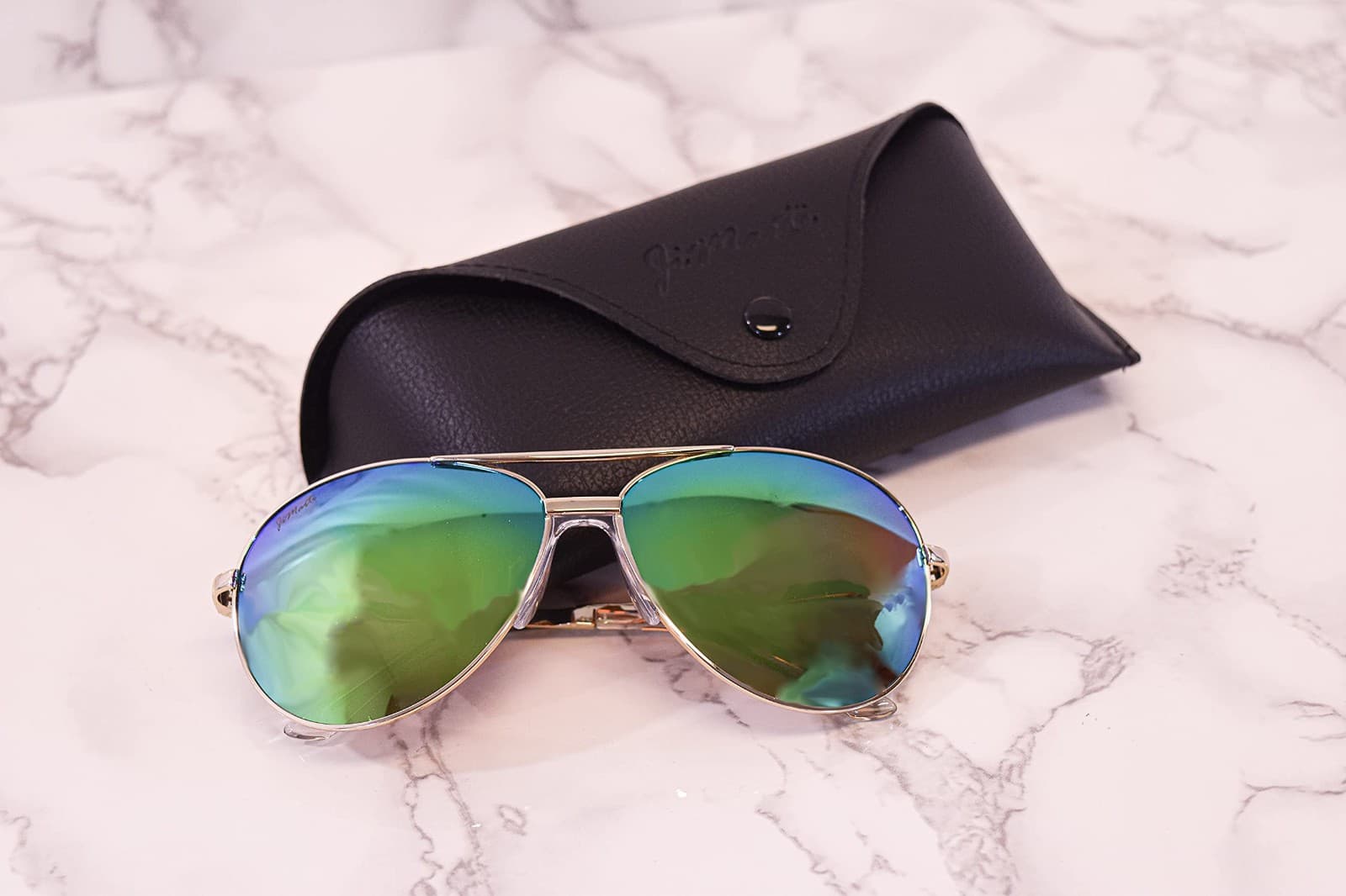 JiMarti P16 - No Tangle - Polarized Aviator Mirrored Sunglasses Gold/Emerald - Thumbnail 3