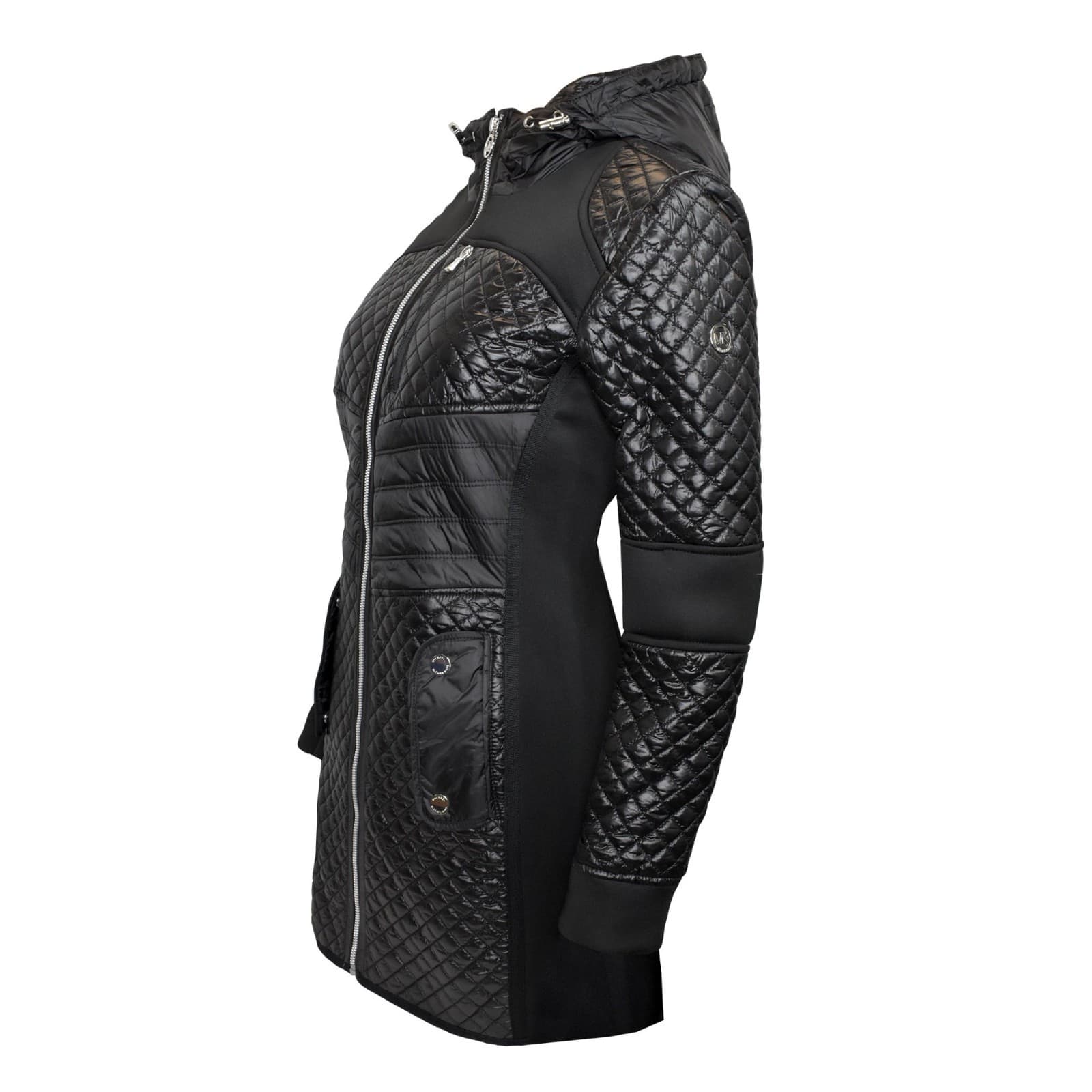 MICHAEL KORS Women's Black Mixed Media Coat Hooded Quilt Jacket Size X Large - Thumbnail 2