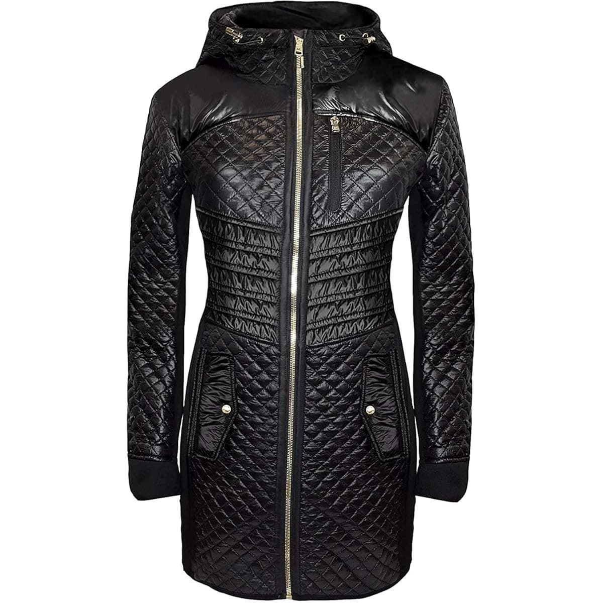 MICHAEL KORS Women's Black Mixed Media Coat Hooded Quilt Jacket Size X Large - Thumbnail 4