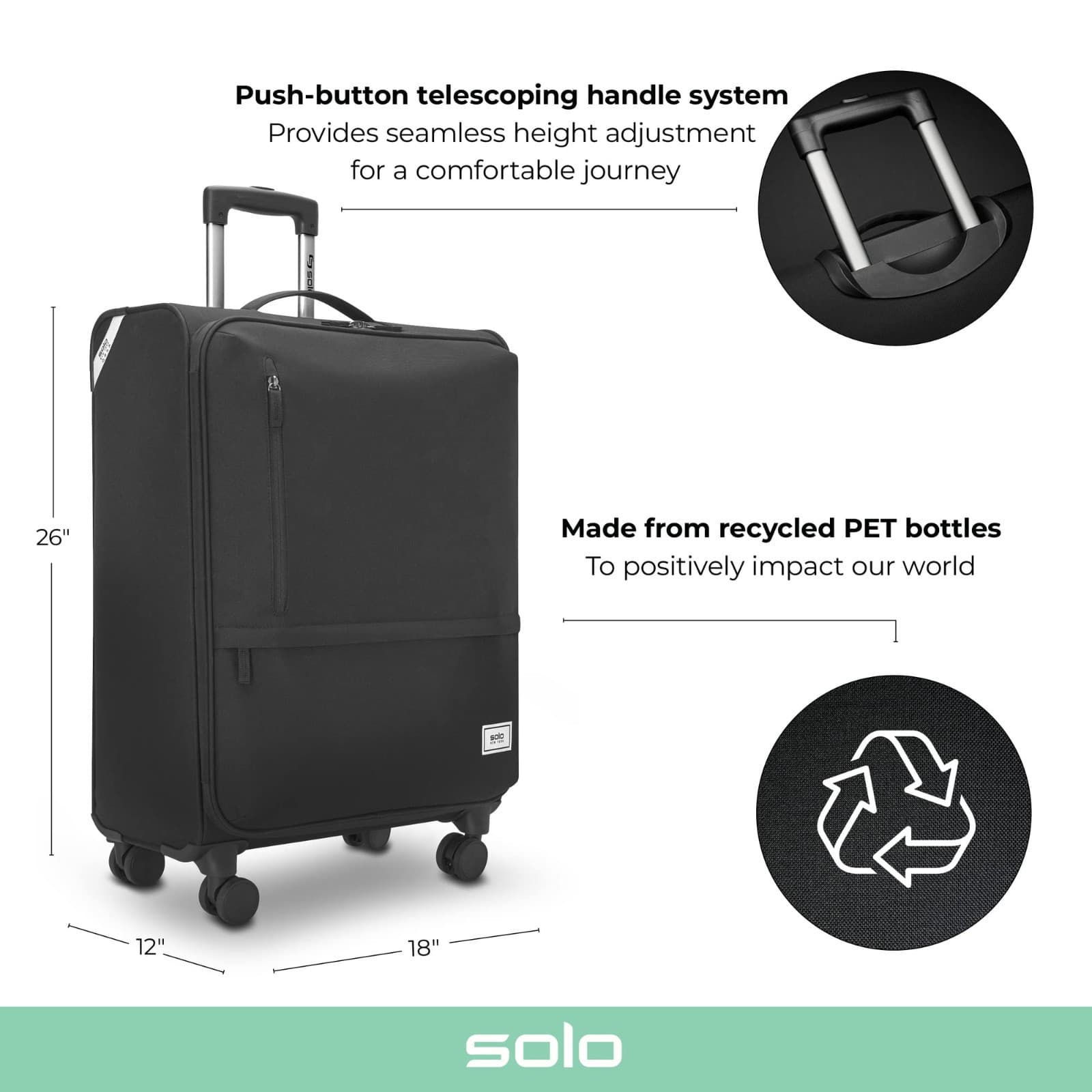 Solo New York Re:treat Check-In 26" 360 Spinner, Luggage Lockable Black - Thumbnail 5