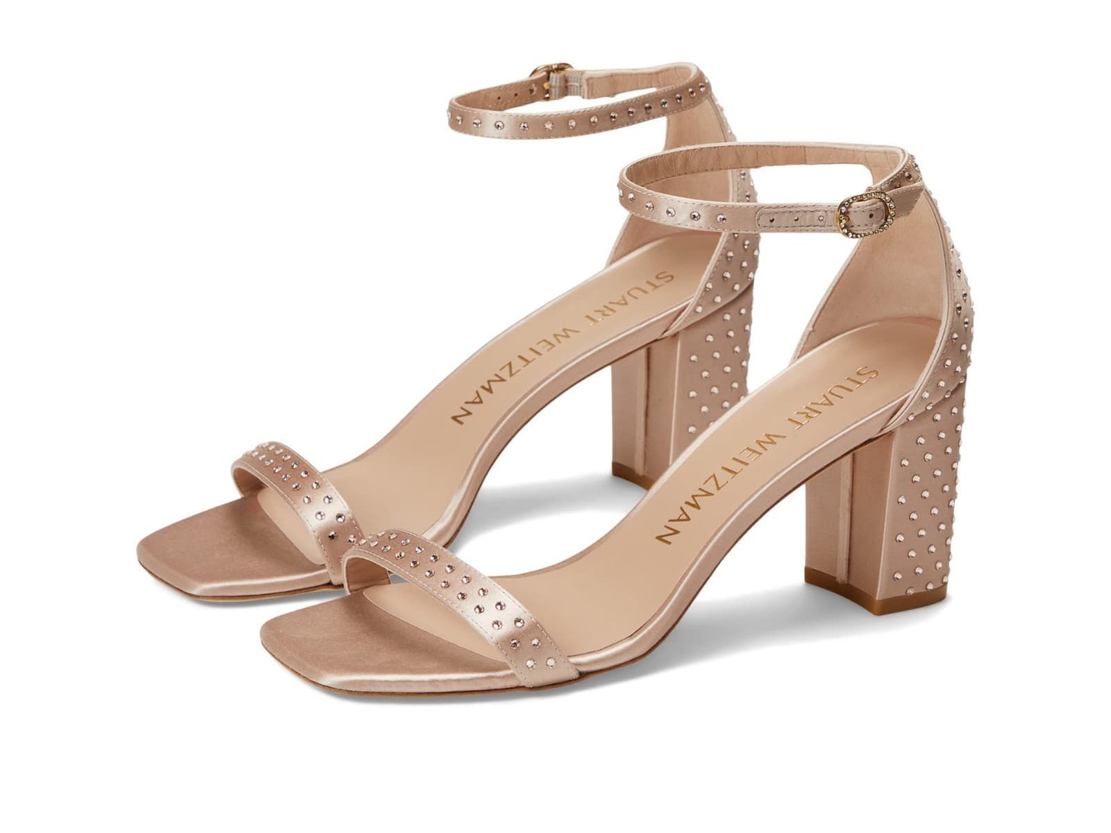 STUART WEITZMAN NUDISTCURVE 75 BLOCK Satin/Crystal Leather Sandal Nude Color 9 B - Image 1