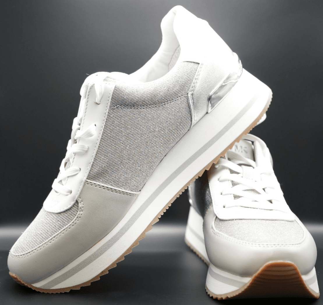 New Michael Kors Monique Trainer Lace-Up Sneakers Aluminum Silver White Size 9.5 - Thumbnail 3