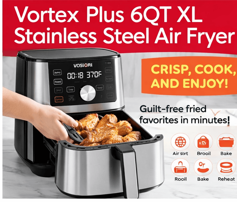 Vortex Plus 6QT XL Stainless Steel Air Fryer - 6-in-1 for Effortless Cooking - Thumbnail 4