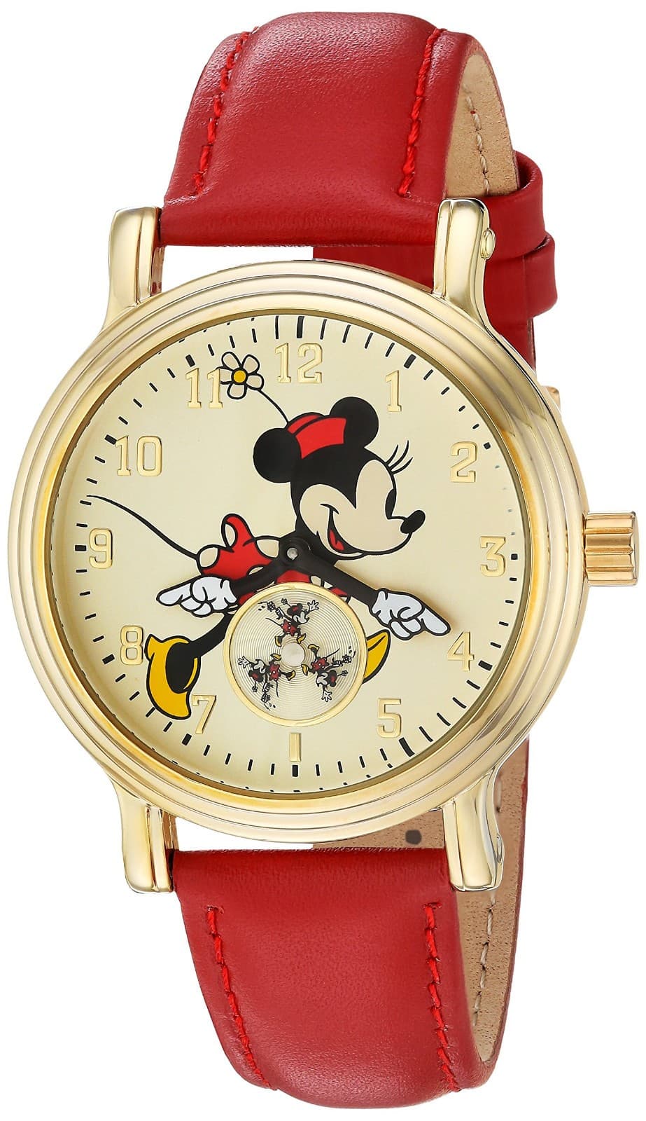 Rare Gold Toned Disney Minnie Mouse Watch Red Strap, Turning Hands, Seconds Dial - Image 1