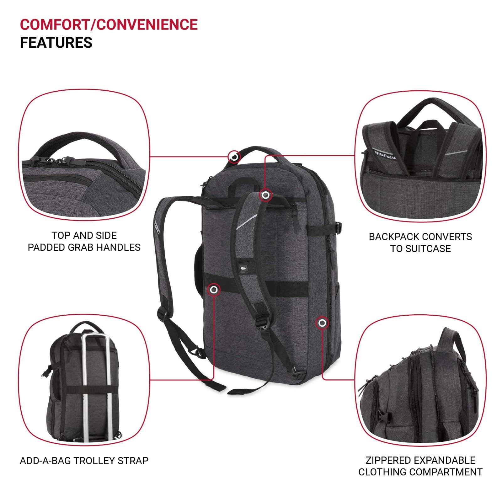SwissGear Hybrid Travel Laptop Backpack 22 in - Heather Gray New - Thumbnail 2