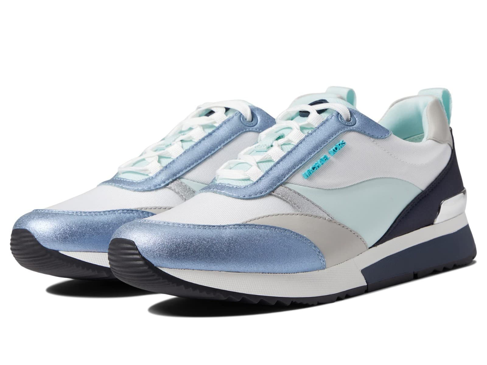 New MK MICHAEL KORS Allie Stride Trainer Lace-Up Sneakers Silver White Blue Sz 7 - Image 1