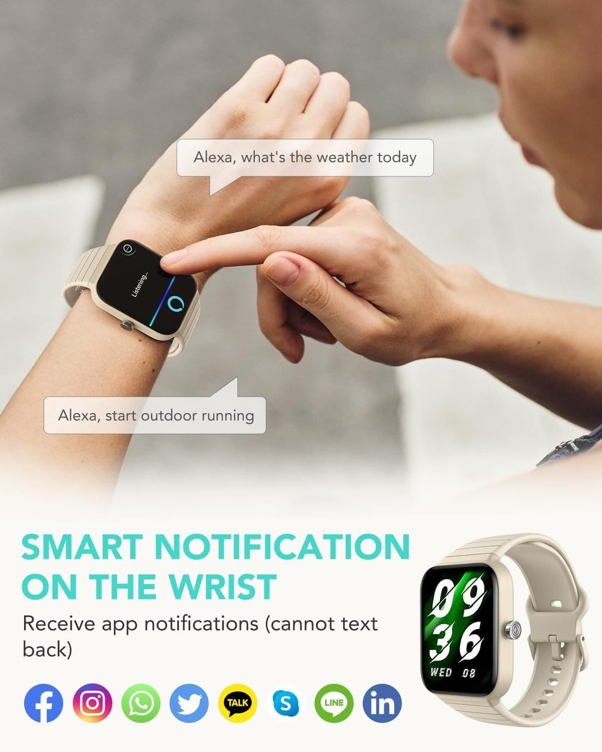 Smart Watch with Alexa Built-in Answer/Make Calls Fitness H.Rate - Cyber beige - Thumbnail 8